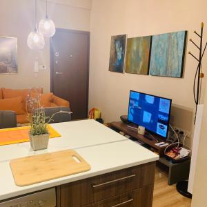 a living room with a kitchen with a counter and a tv at Bring only your toothbrush! in Athens