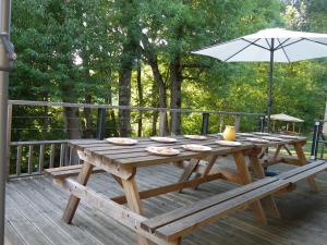 - une table de pique-nique en bois avec un parasol sur la terrasse dans l'établissement GITES DU DOUL 21 pers avec salle 50m2 attenante, PMR, Carcassonne 45kms, à Pont-de-Larn