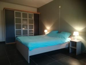 een slaapkamer met een bed met blauwe lakens en 2 lampen bij Vakantiewoning Kwakkelhof in Torhout