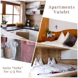 a collage of pictures of a kitchen and a bed in a room at Apartments Vaiolet in Santa Cristina in Val Gardena +42 photos