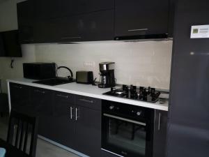 a kitchen with black cabinets and a stove top oven at APARTAMENT GOLDEN ROSE 2 in Buşteni