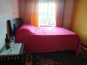 ein Schlafzimmer mit einem Bett mit einer roten Bettdecke und einem Fenster in der Unterkunft Villa Paola del Lago in Cuítiva