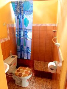 a bathroom with a toilet and a shower at Alojamiento Sumak Kawsay in Puerto Ayora