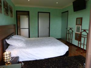 a bedroom with a white bed and green walls at Le Médipole in Noumea