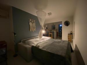 a bedroom with a large bed with a net at Superbe studio de standing à 800m de la mer des Caraïbes le hameau de beauregard sainte anne in Sainte-Anne