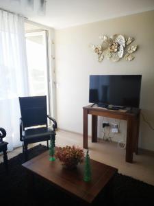uma sala de estar com uma televisão, uma mesa e uma cadeira em Depto 1 Dormitorio Centro Blanco 702 em Temuco