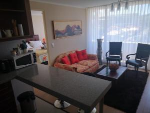 a living room with a couch and red pillows at Depto 1 Dormitorio Centro Blanco 702 estacionamiento in Temuco