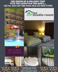 een collage van foto's van een hotelkamer met zwembad bij Izz room studio Gold Coast Morib Resort in Banting