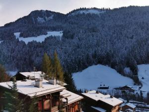 a view of a ski resort with snow covered mountains at Studio le Grand-Bornand Village in Le Grand-Bornand