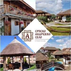 a collage of photos of a house and a pavilion at Srpsko Andrejevo Selo in Belgrade