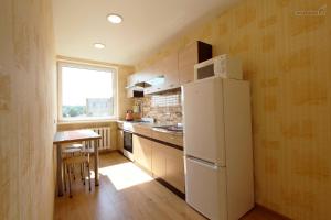een keuken met een koelkast, een tafel en een raam bij Lukšio Apartment in Šiauliai