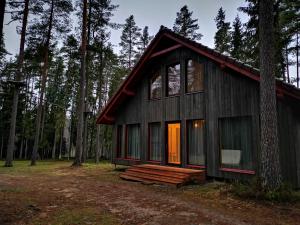 a cabin in the middle of a forest at Kempings Ozolkalns in Cēsis