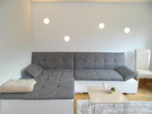 a living room with a couch and a coffee table at Wiesen Appartment in Schwarzenberg
