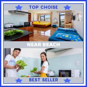 a man and a woman holding a bunch of greens in a kitchen at Loving Homestay & Apartment Da Nang in Danang