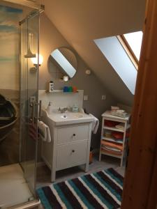 ein Bad mit einem Waschbecken und einer Dusche mit einem Spiegel in der Unterkunft Komfortable Apartments in der Villa Eule in Varel