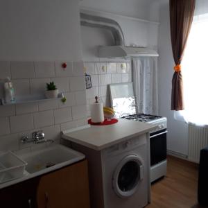 a kitchen with a stove and a washing machine at RIO STUDIO in Sinaia