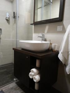 ein Bad mit einem Waschbecken und einer Glasdusche in der Unterkunft La Siesta Apartment in Zlatibor