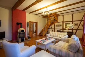 a living room with two couches and a wood stove at Altes Pastorat Schwichtenberg in Borrentin