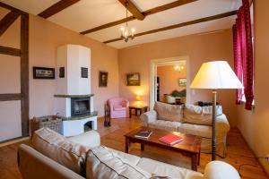 a living room with couches and a fireplace at Altes Pastorat Schwichtenberg in Borrentin