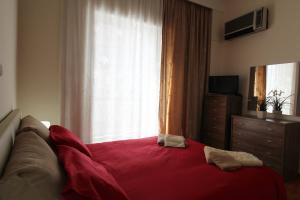 アテネにあるSea and City Apartmentのベッドルーム1室(赤いベッド1台、大きな窓付)