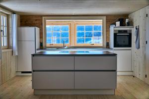 a kitchen with a sink and a refrigerator at UNSER VORSÄSS - Geißkopf in Schwarzenberg