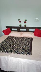 a bed with red pillows on top of it at Chamayam Holiday Villa in Meenangadi +48 photos