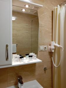 bagno con doccia, lavandino e specchio di Сонячна Соната a Polyana Altre 37 foto
