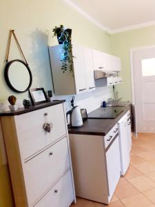 a kitchen with a sink and a counter with a mirror at Apartament Kaktus in Mrągowo