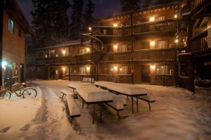 a group of benches covered in snow in front of a building at Banff International Hostel in Banff