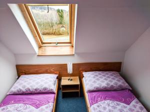 twee bedden in een kleine kamer met een raam bij Pohoda u Lva in Nová Pec