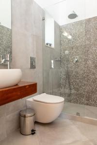 uma casa de banho com um WC, um lavatório e um chuveiro em Castle Mansions em Naxos Chora