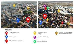 duas imagens de uma cidade com um mapa em Academia De Arhitectura em Piteşti