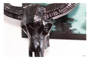 una estatua de un cráneo de toro colgando de una pared en Central Perk Apartments-Antwerp, en Amberes