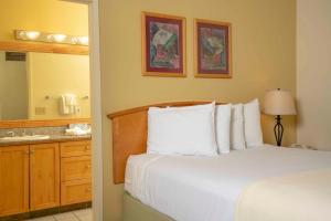 1 dormitorio con cama, lavabo y espejo en Raintree's Cimarron Golf Resort Palm Springs en Cathedral City