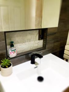 a bathroom sink with a bottle of soap on it at Kings Lynn, Double bedroom, newly renovated bathroom in Kings Lynn