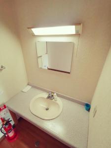 y baño con lavabo y espejo. en たから温泉民宿 Gem Onsen Stay, en Sakaimura