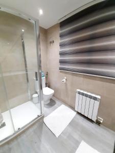 ein Bad mit einer Glasdusche und einem WC in der Unterkunft Nur Apartment in Terrassa