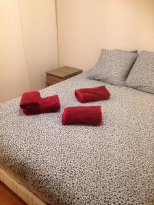 ein Bett mit drei roten Kissen darauf in der Unterkunft Vallon 3 pièces avec balcon in Trouville-sur-Mer