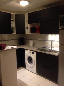 eine Küche mit Waschmaschine und Spüle in der Unterkunft Vallon 3 pièces avec balcon in Trouville-sur-Mer