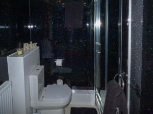 a bathroom with a toilet and a glass shower at Flat 1 in Bridlington