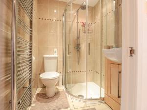 a bathroom with a shower and a toilet and a sink at Church Road Annexe in Cinderford