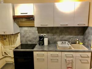 una cocina con armarios blancos y fregadero en Magnifique appartement tout équipé - 6 personnes, en Le Puy en Velay