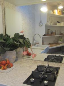 een keuken met een wastafel en een fornuis top oven bij La chambre blanche in Heerlen