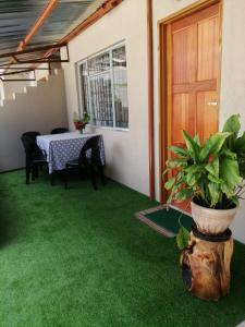 Habitación con alfombra verde, mesa y puerta en Okahandja Guesthouse en Okahandja