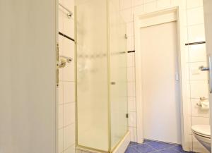 bagno con doccia in vetro e servizi igienici. di Ferienanlage Seeblick Oberdeck a Ostseebad Koserow
