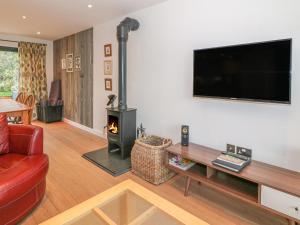 a living room with a fireplace and a flat screen tv at Doldeg in Criccieth