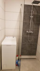 a shower in a bathroom with a white refrigerator at Apartament Fibra Frappe in Rybnik