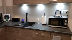 a kitchen counter with a microwave and a sink at Apartament Fibra Frappe in Rybnik