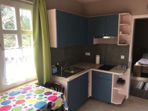 una pequeña cocina con armarios azules y fregadero en Neptun2 apartman, en Dömsöd