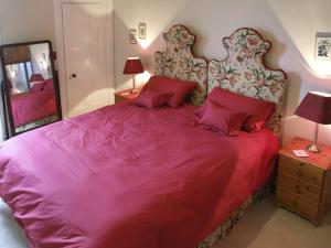a bedroom with a large pink bed and a mirror at Bank View in Duns